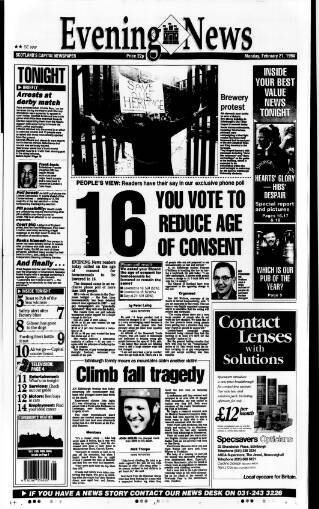cover page of Edinburgh Evening News published on February 21, 1994