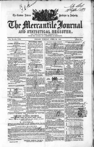 cover page of Belfast Mercantile Register and Weekly Advertiser published on April 26, 1853