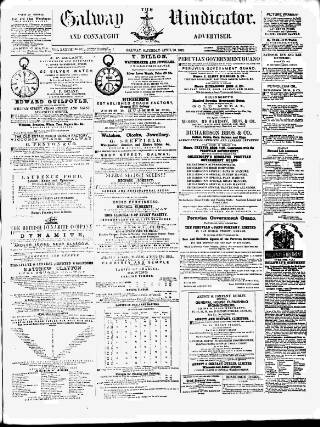 cover page of Galway Vindicator, and Connaught Advertiser published on April 26, 1879