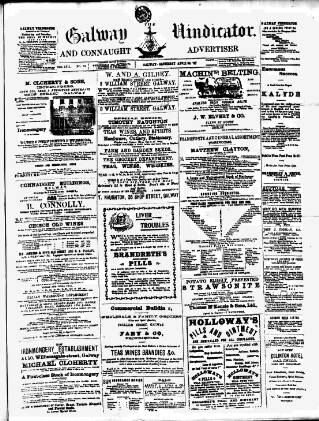 cover page of Galway Vindicator, and Connaught Advertiser published on April 24, 1897