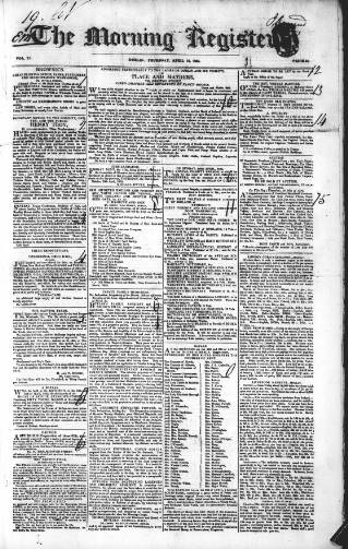 cover page of Dublin Morning Register published on April 16, 1835