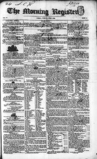 cover page of Dublin Morning Register published on June 2, 1835