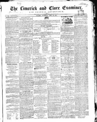 cover page of Limerick and Clare Examiner published on April 25, 1855