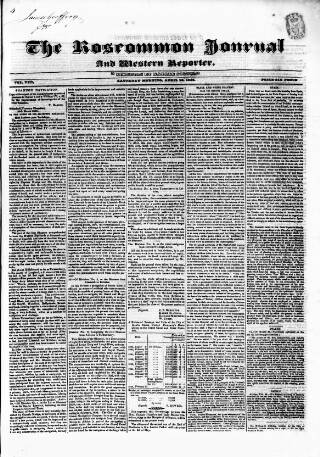 cover page of Roscommon Journal, and Western Impartial Reporter published on April 16, 1836