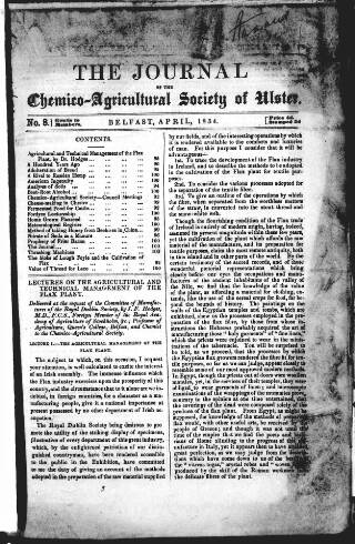 cover page of Journal of the Chemico-Agricultural Society of Ulster published on April 3, 1854