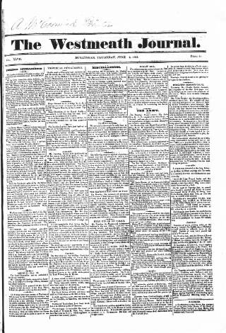 cover page of Westmeath Journal published on June 2, 1825