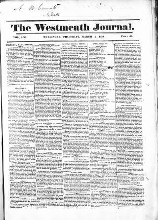 cover page of Westmeath Journal published on March 5, 1829