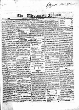 cover page of Westmeath Journal published on April 25, 1833