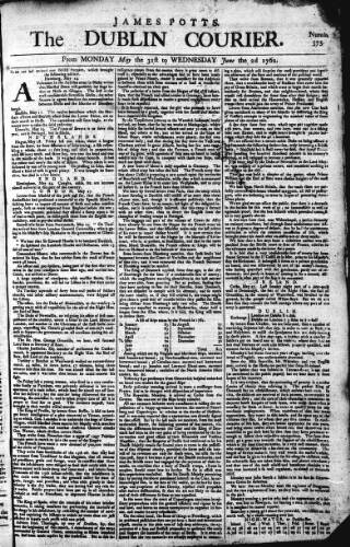 cover page of Dublin Courier published on June 2, 1762
