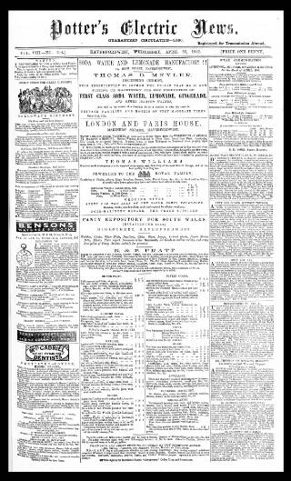 cover page of Potter's Electric News published on April 23, 1862