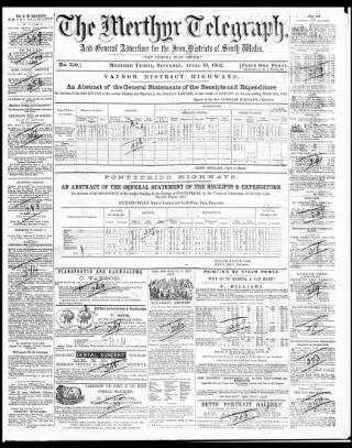 cover page of Merthyr Telegraph, and General Advertiser for the Iron Districts of South Wales published on April 19, 1862