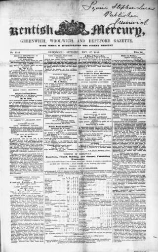 cover page of Kentish Mercury published on May 27, 1848