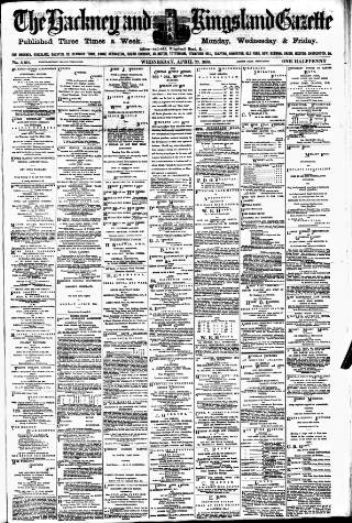 cover page of Hackney and Kingsland Gazette published on April 23, 1890