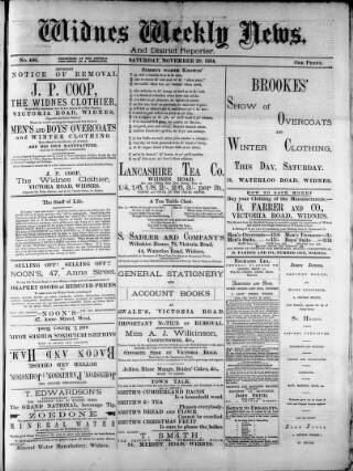 cover page of Widnes Weekly News and District Reporter published on November 29, 1884