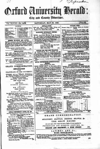 cover page of Oxford University and City Herald published on May 28, 1853