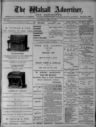 cover page of Walsall Advertiser published on April 27, 1878
