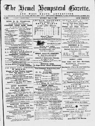 cover page of Hemel Hempstead Gazette and West Herts Advertiser published on March 2, 1889