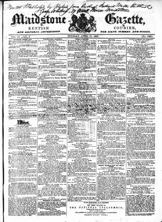 cover page of South Eastern Gazette published on April 27, 1847