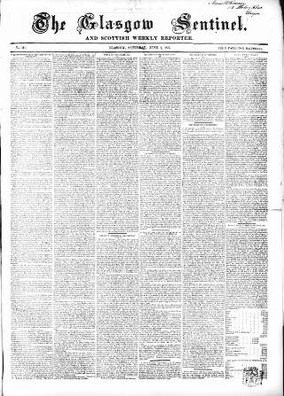 cover page of The Glasgow Sentinel published on June 2, 1855