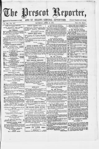 cover page of Prescot Reporter published on April 25, 1874