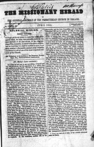 cover page of Missionary Herald of the Presbyterian Church in Ireland published on April 2, 1855