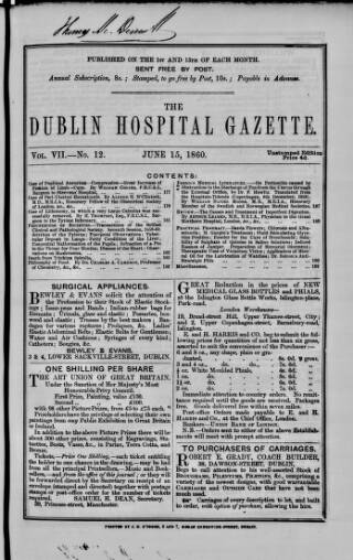 cover page of Dublin Hospital Gazette published on June 15, 1860