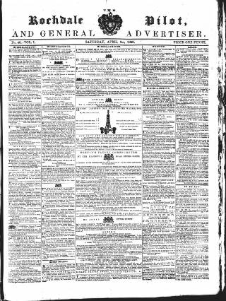 cover page of Rochdale Pilot, and General Advertiser published on April 3, 1858