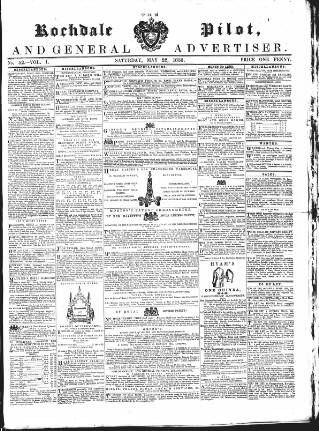 cover page of Rochdale Pilot, and General Advertiser published on May 22, 1858