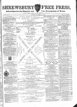 cover page of Shrewsbury Free Press, and Advertiser for Salop published on November 24, 1866