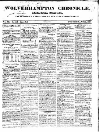 cover page of Wolverhampton Chronicle and Staffordshire Advertiser published on June 2, 1830