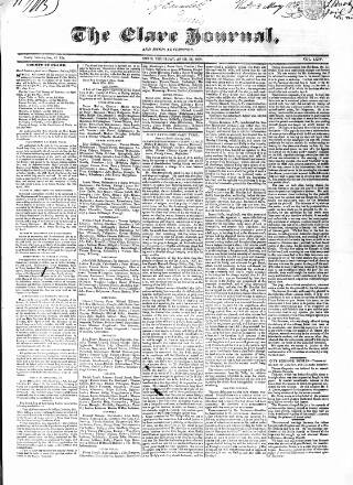 cover page of Clare Journal, and Ennis Advertiser published on April 26, 1838