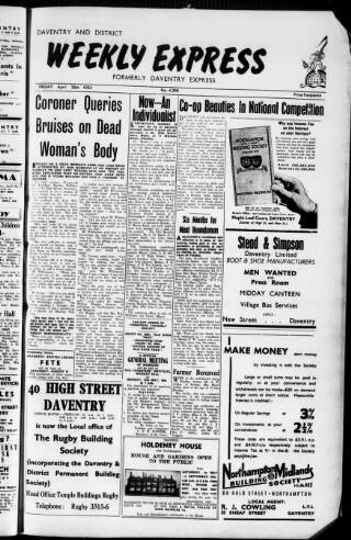 cover page of Daventry and District Weekly Express published on April 30, 1954