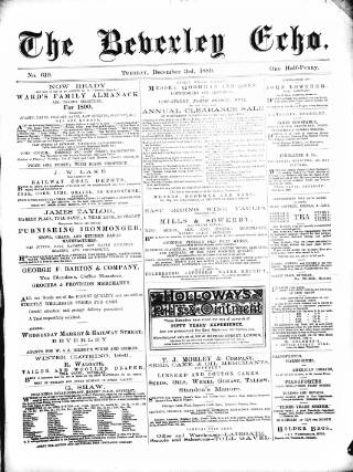 cover page of Beverley Echo published on December 3, 1889