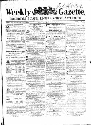 cover page of Weekly Gazette, Incumbered Estates Record & National Advertiser (Dublin, Ireland) published on April 21, 1855