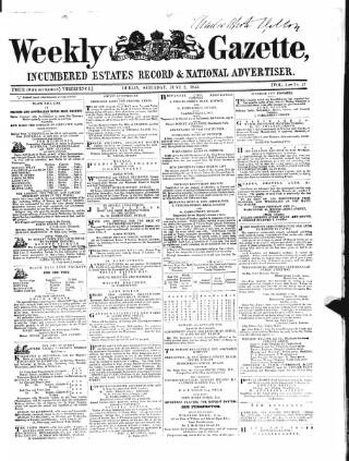 cover page of Weekly Gazette, Incumbered Estates Record & National Advertiser (Dublin, Ireland) published on June 2, 1855