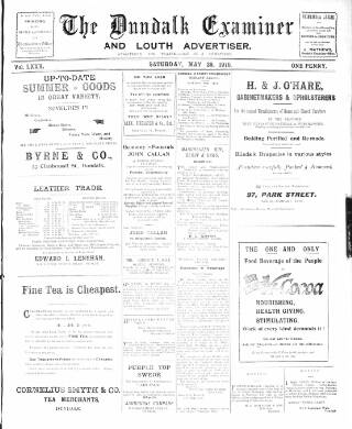 cover page of Dundalk Examiner and Louth Advertiser published on May 28, 1910