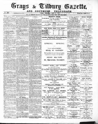 cover page of Grays & Tilbury Gazette, and Southend Telegraph published on April 27, 1889