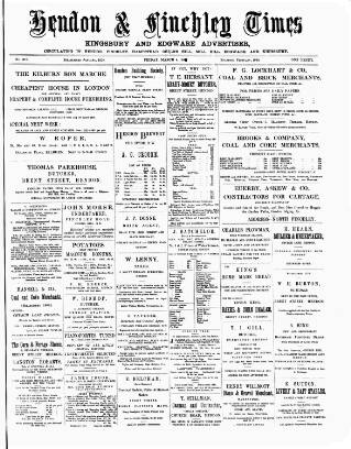 cover page of Hendon & Finchley Times published on March 4, 1887