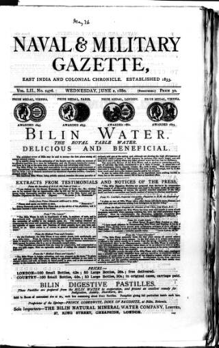 cover page of Naval & Military Gazette and Weekly Chronicle of the United Service published on June 2, 1880