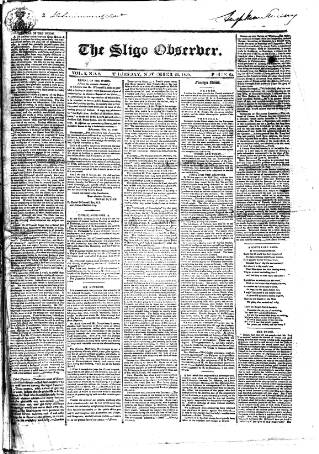 cover page of Sligo Observer published on November 26, 1829