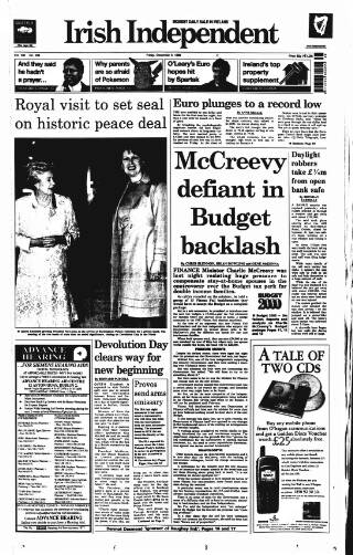 cover page of Irish Independent published on December 3, 1999