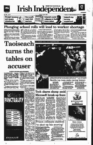 cover page of Irish Independent published on April 25, 2000
