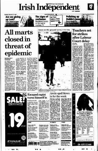 cover page of Irish Independent published on February 27, 2001