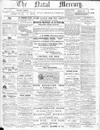 cover page of Natal Mercury published on June 26, 1878