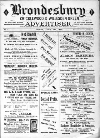 cover page of Brondesbury, Cricklewood & Willesden Green Advertiser published on April 29, 1892