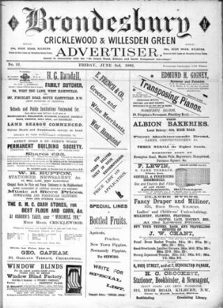 cover page of Brondesbury, Cricklewood & Willesden Green Advertiser published on June 3, 1892