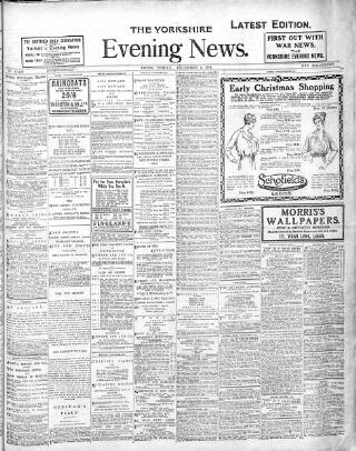 cover page of Yorkshire Evening News published on December 4, 1914