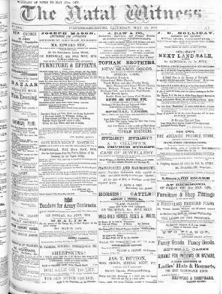 cover page of Natal Witness published on May 25, 1878
