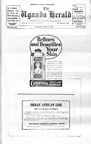 cover page of Uganda Herald published on April 3, 1940