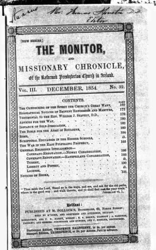 cover page of Monitor and Missionary Chronicle published on December 1, 1854